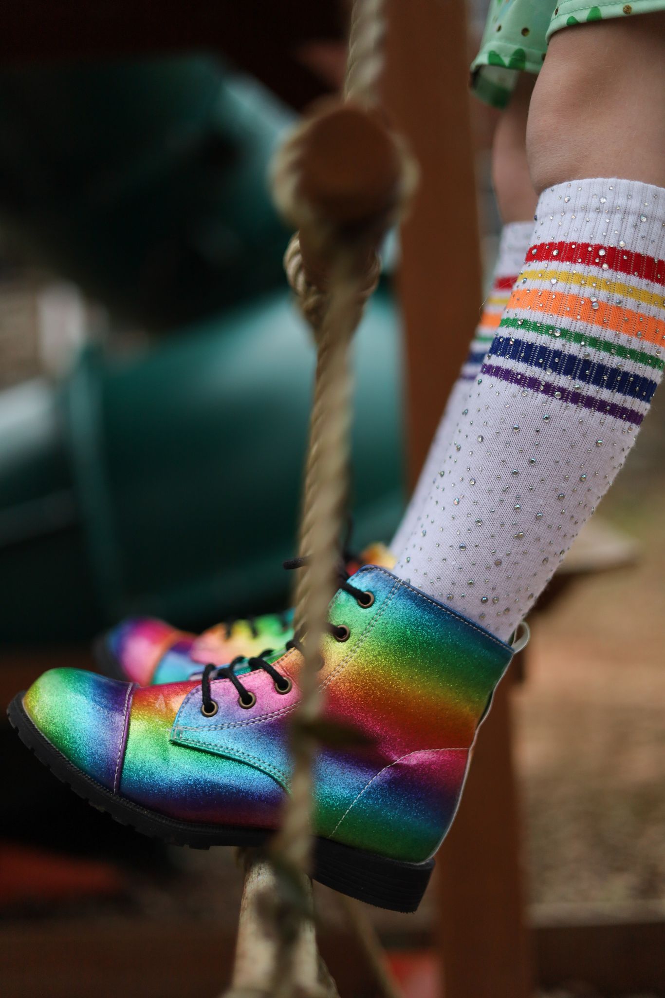 [White Rhinestone w/ Rainbow Stripes] Tall Socks