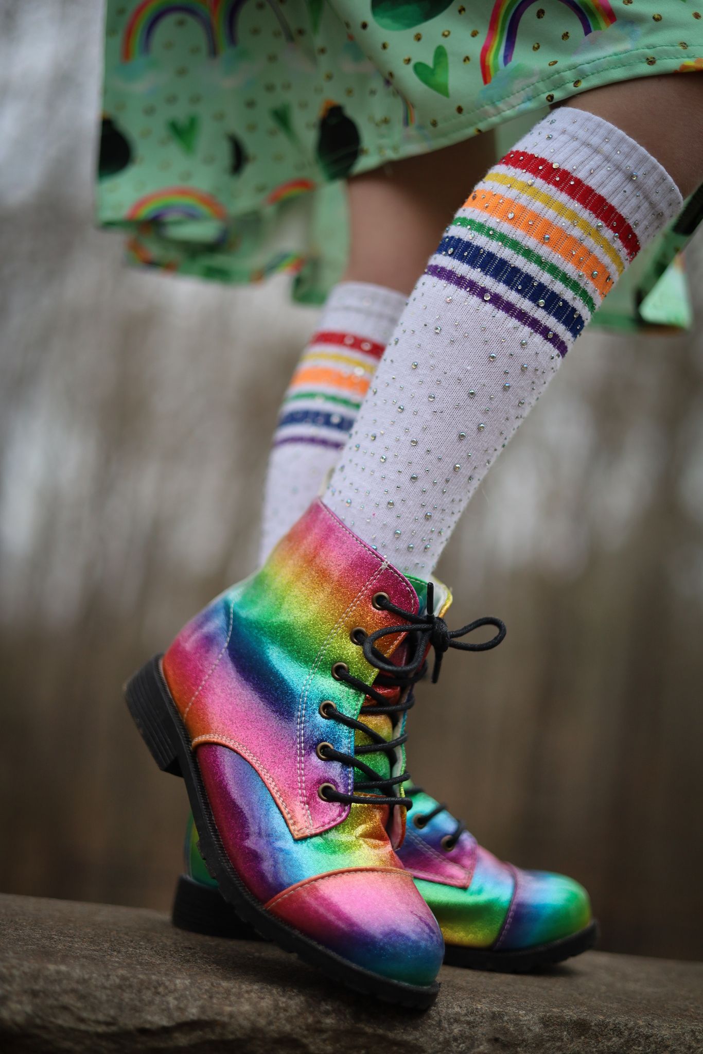[White Rhinestone w/ Rainbow Stripes] Tall Socks