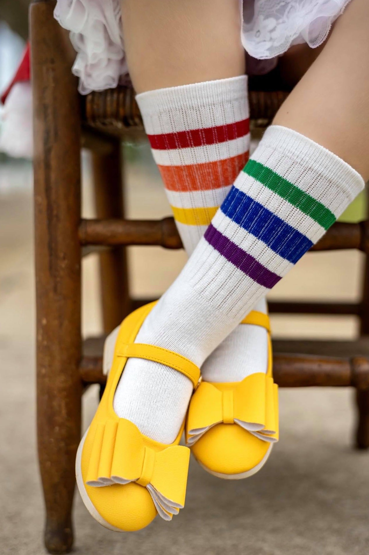 [White + Rainbow Stripe] Baseball Socks