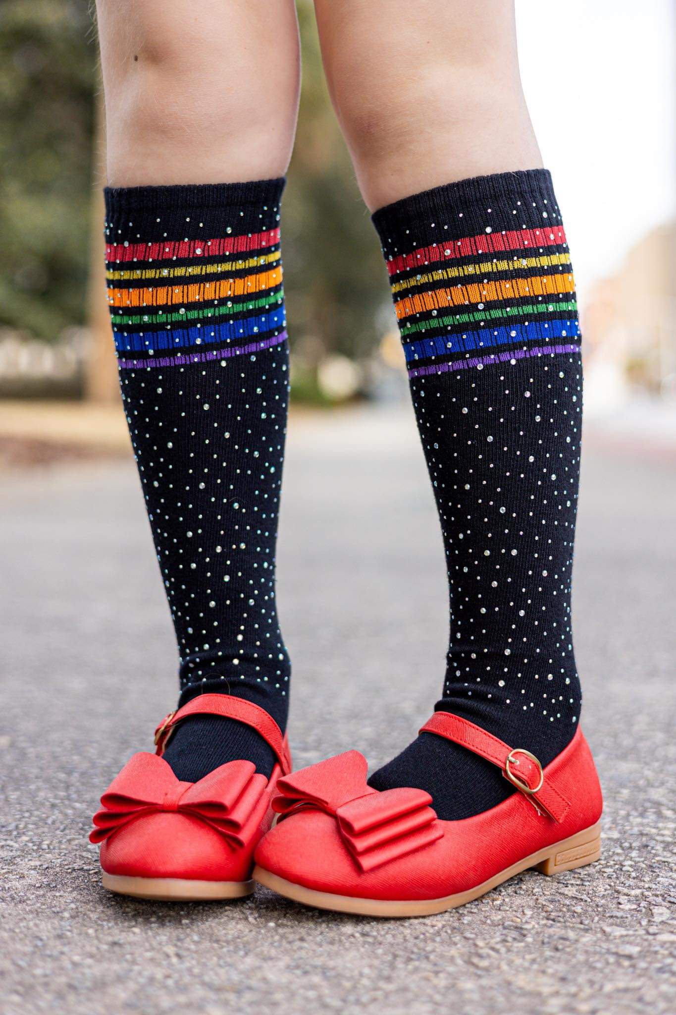 [Black Rhinestone w/ Rainbow Stripes] Tall Socks