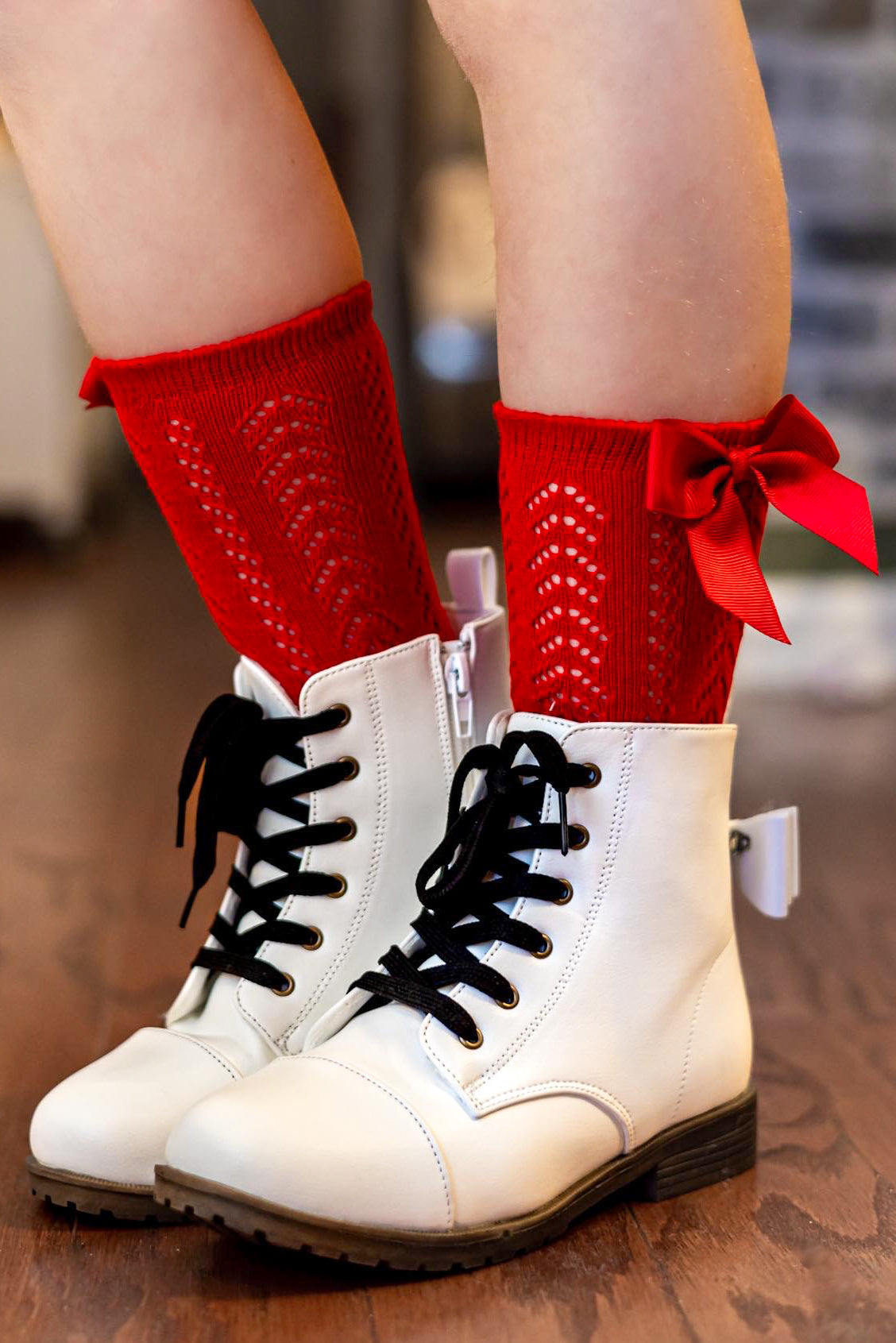 [Red Crochet w/ Bow] Tall Socks