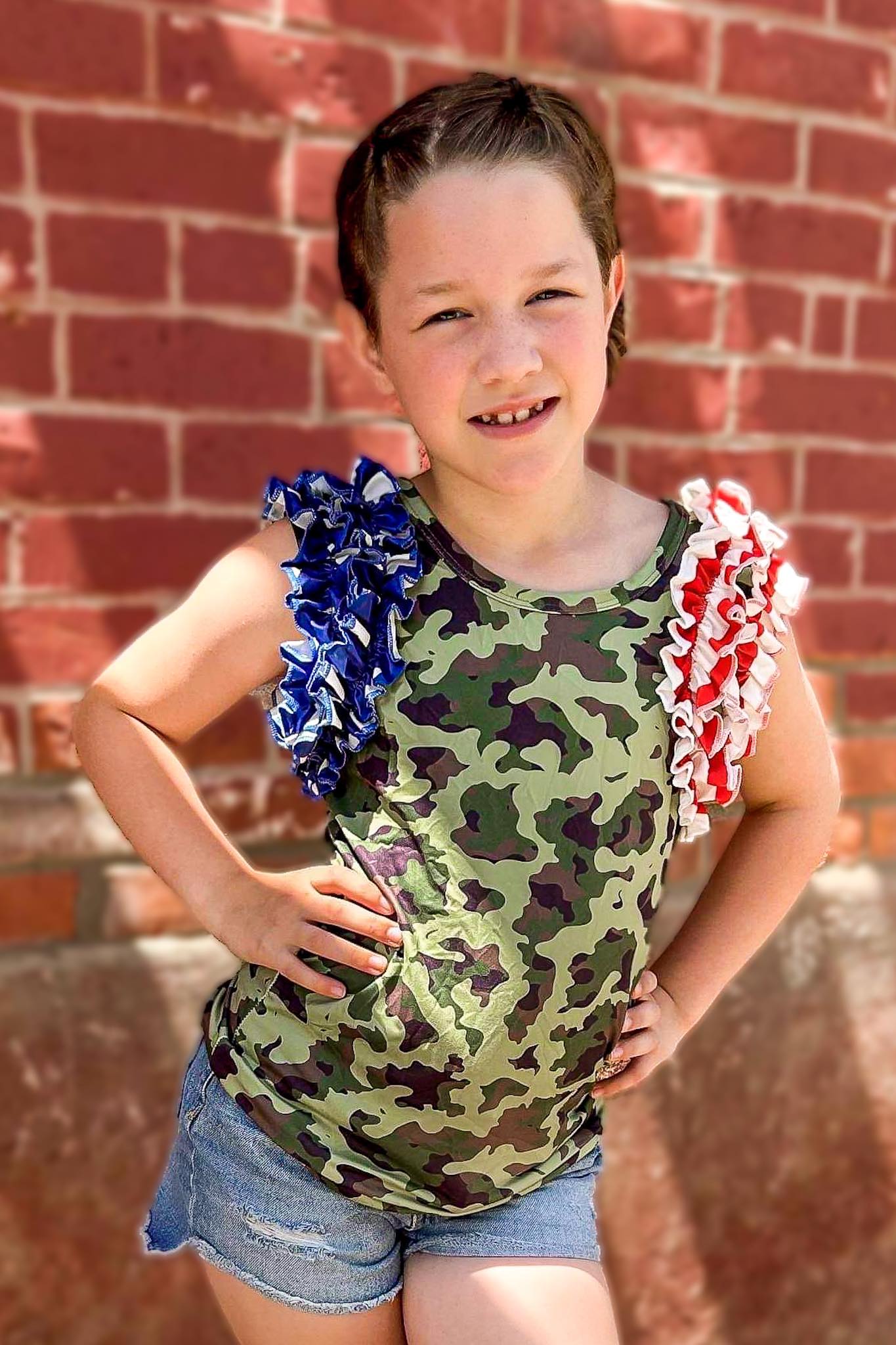 [Camo w/ Stars + Stripes] Ruffle Tank