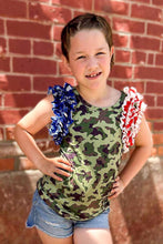 Load image into Gallery viewer, [Camo w/ Stars + Stripes] Ruffle Tank
