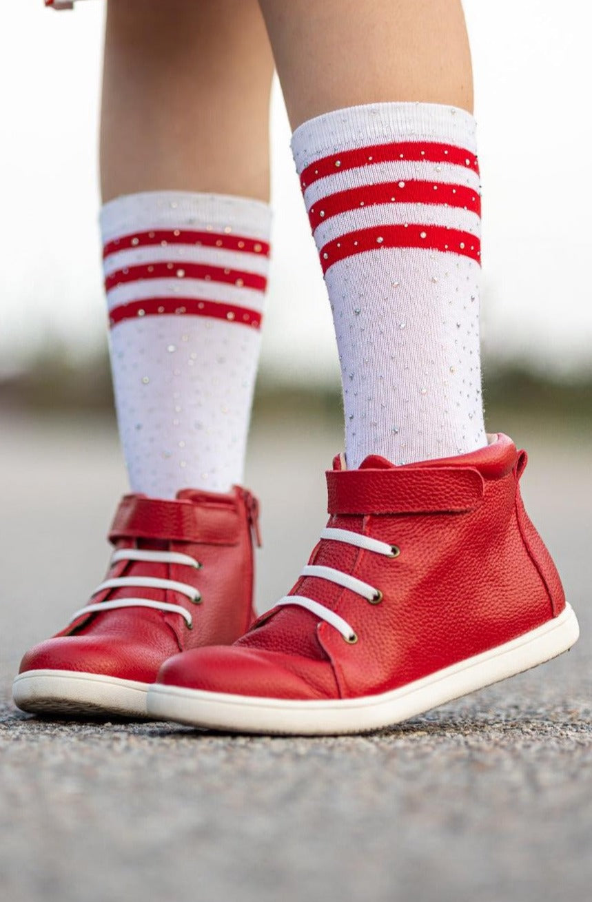 [White Rhinestone w/ Red Stripes] Youth Tall Socks