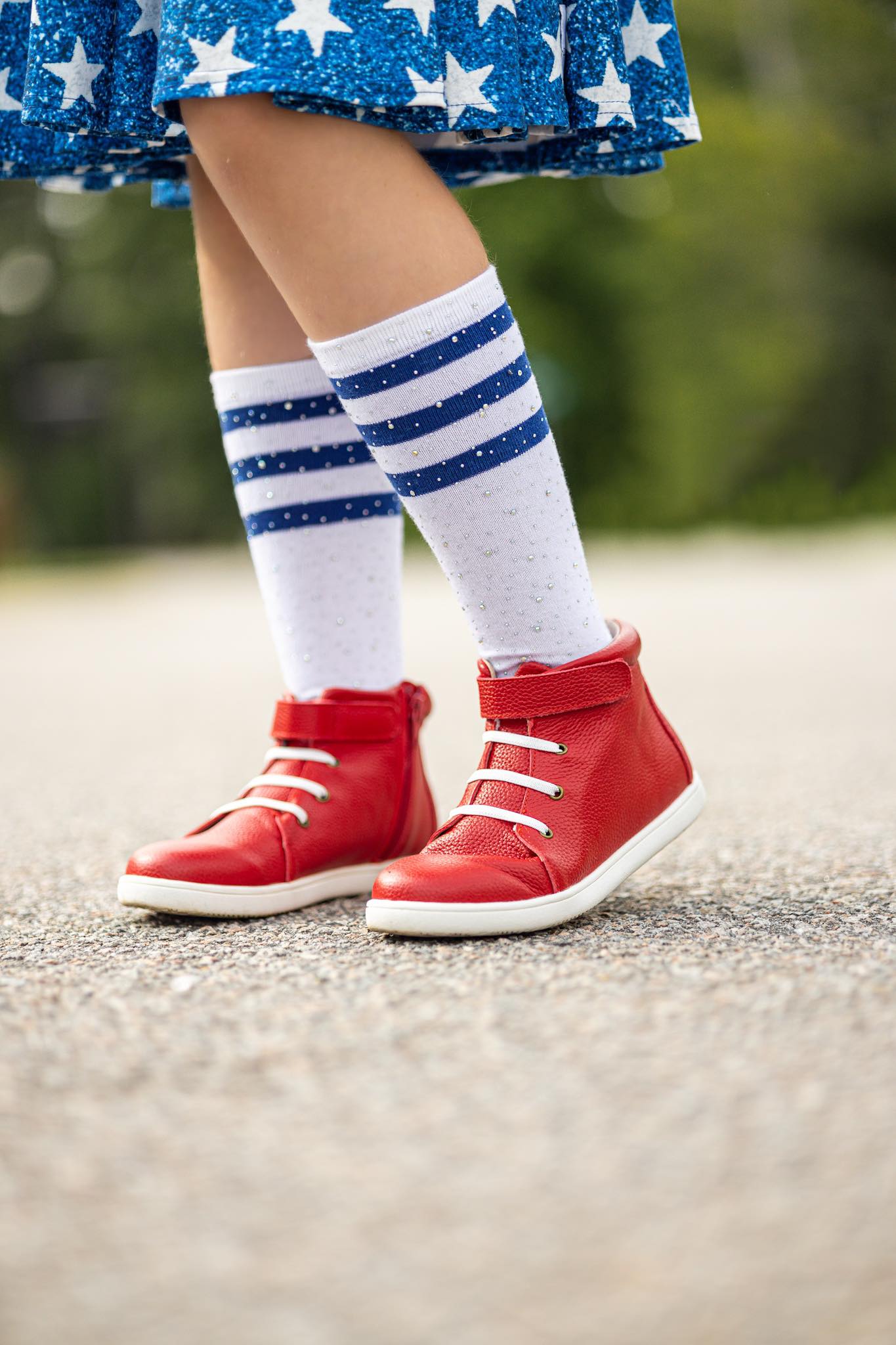 [White Rhinestone w/ Blue Stripes] Youth Tall Socks