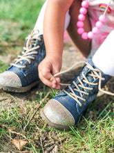 Load image into Gallery viewer, [Rainbow Denim + Gold Glitter Toe] Boots
