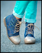 Load image into Gallery viewer, [Rainbow Denim + Gold Glitter Toe] Boots
