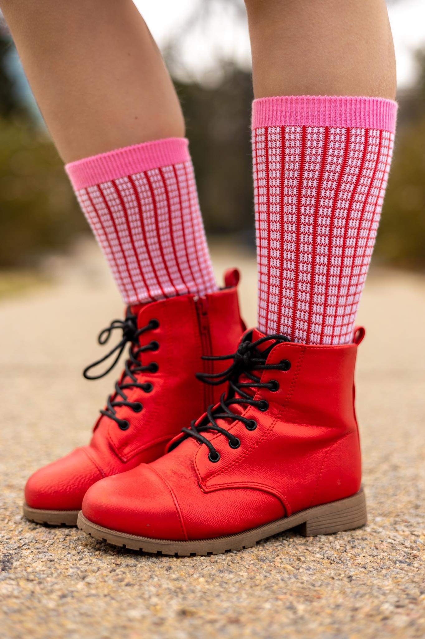 [Red + Pink Grid] Tall Socks