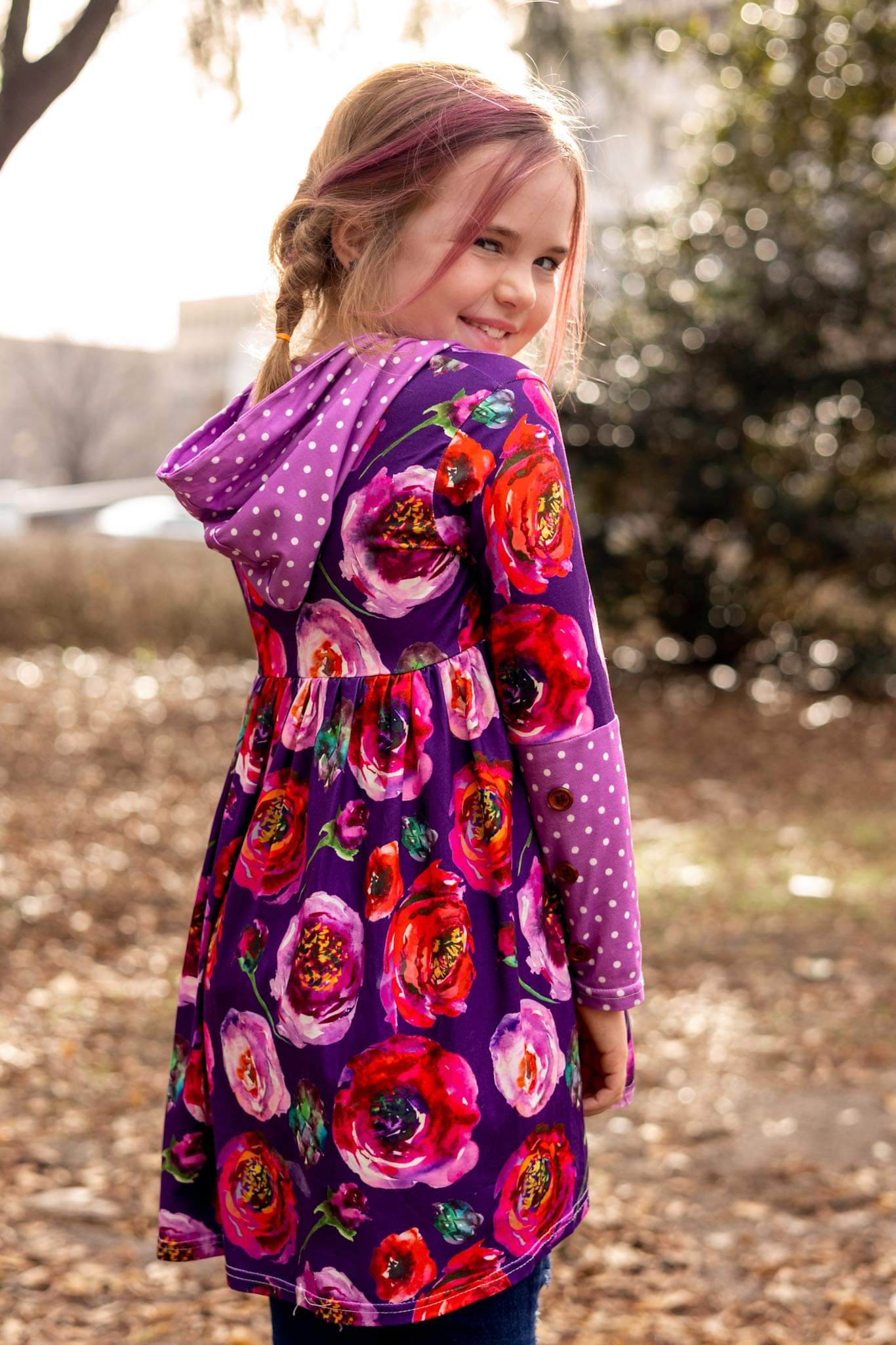 [Floral + Berry Dot] High Low Hooded Tunic