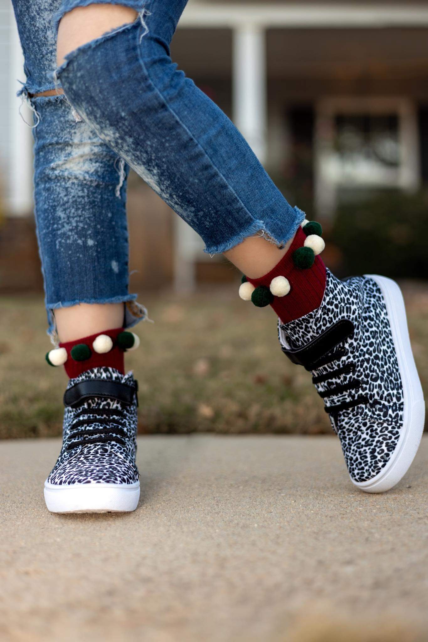 [Maroon w/ Green + White Poms] Socks